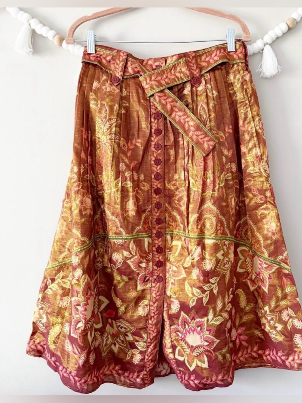 FARM RIO Pineapple Dream Metallic A-Line Skirt Midi Floral Belted Size XS
